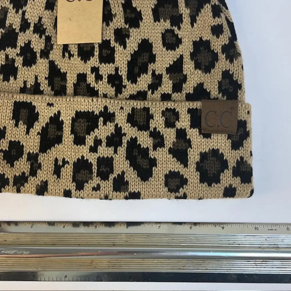C.C Leopard Print‎ Beanie with Pom Pom